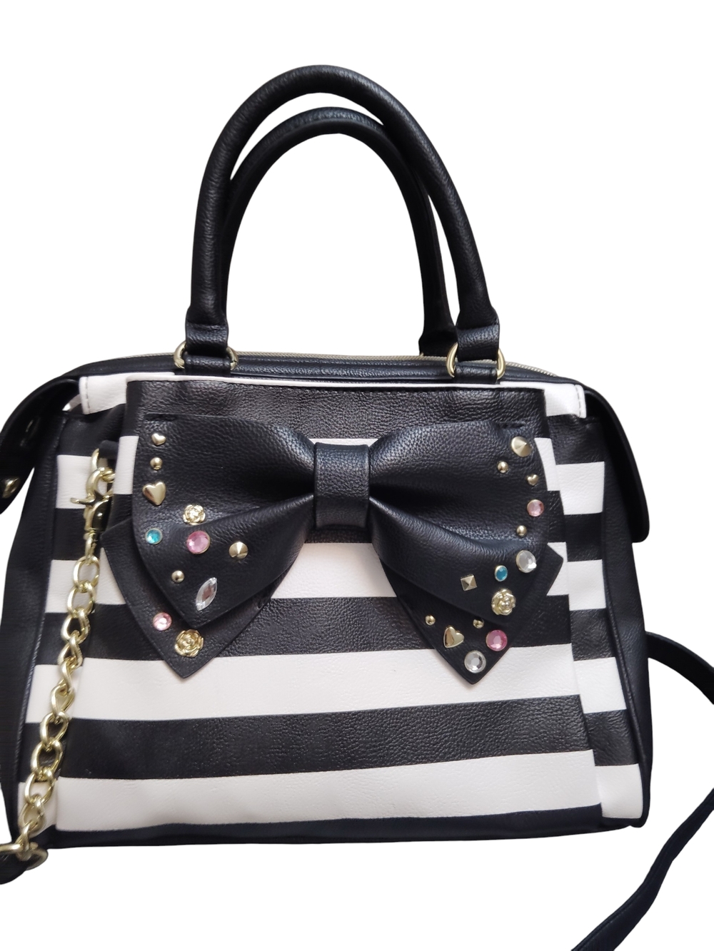 Betsey Johnson Black & White Striped Satchel with Bow and Jewel Accents